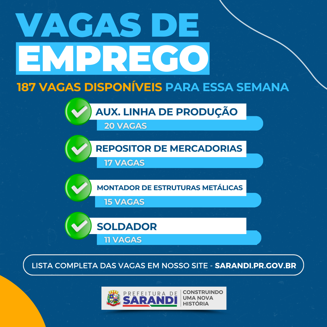 Agência do trabalhador de Sarandi inicia semana ofertando 187 vagas de emprego